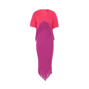 Pre Order:  Pleated Two-Tone Fringe Midi Dress