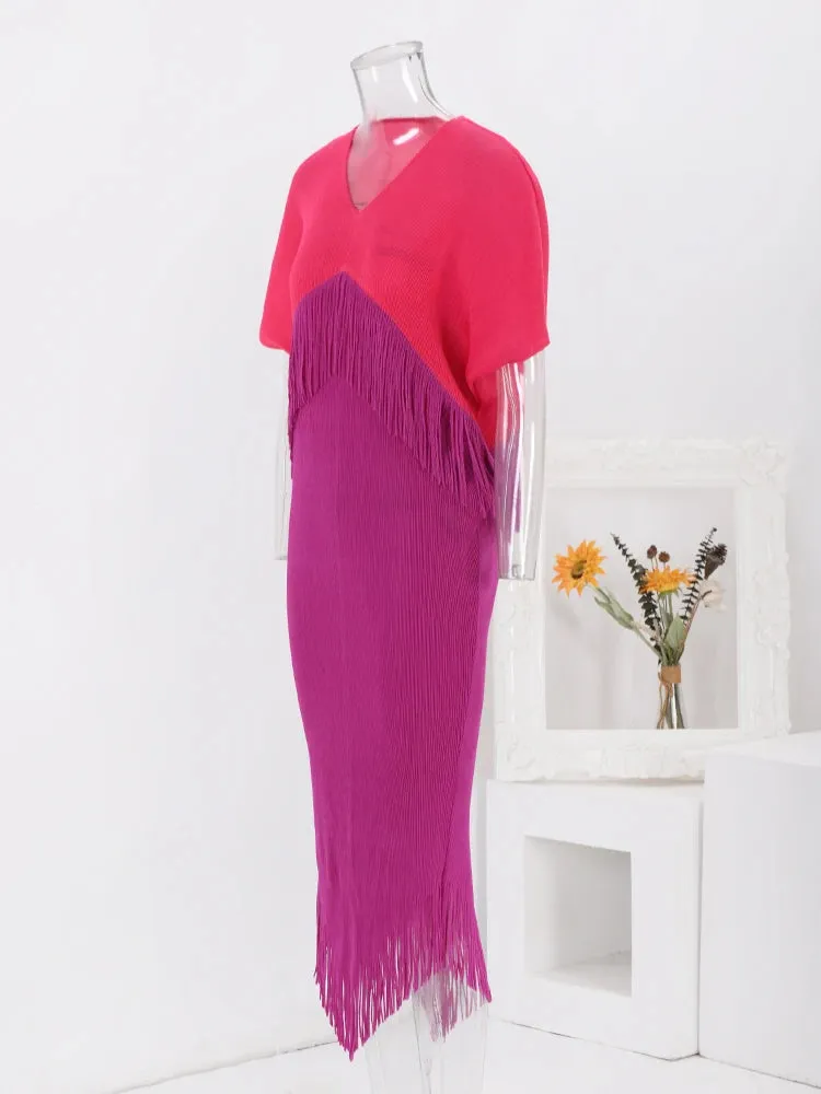 Pre Order:  Pleated Two-Tone Fringe Midi Dress