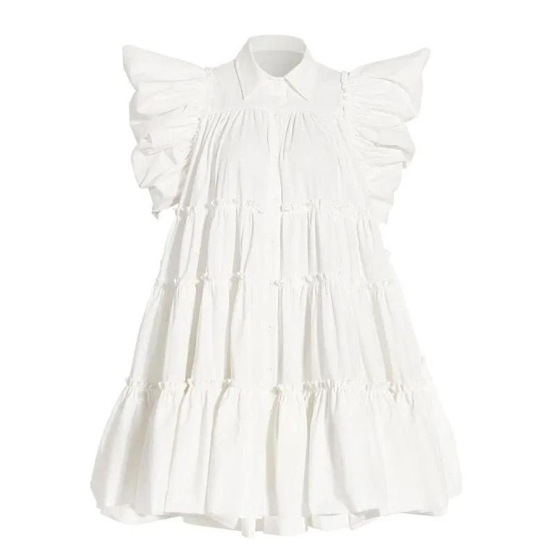 Pre Order:  Puff Sleeves Pleated Ruffle Dress