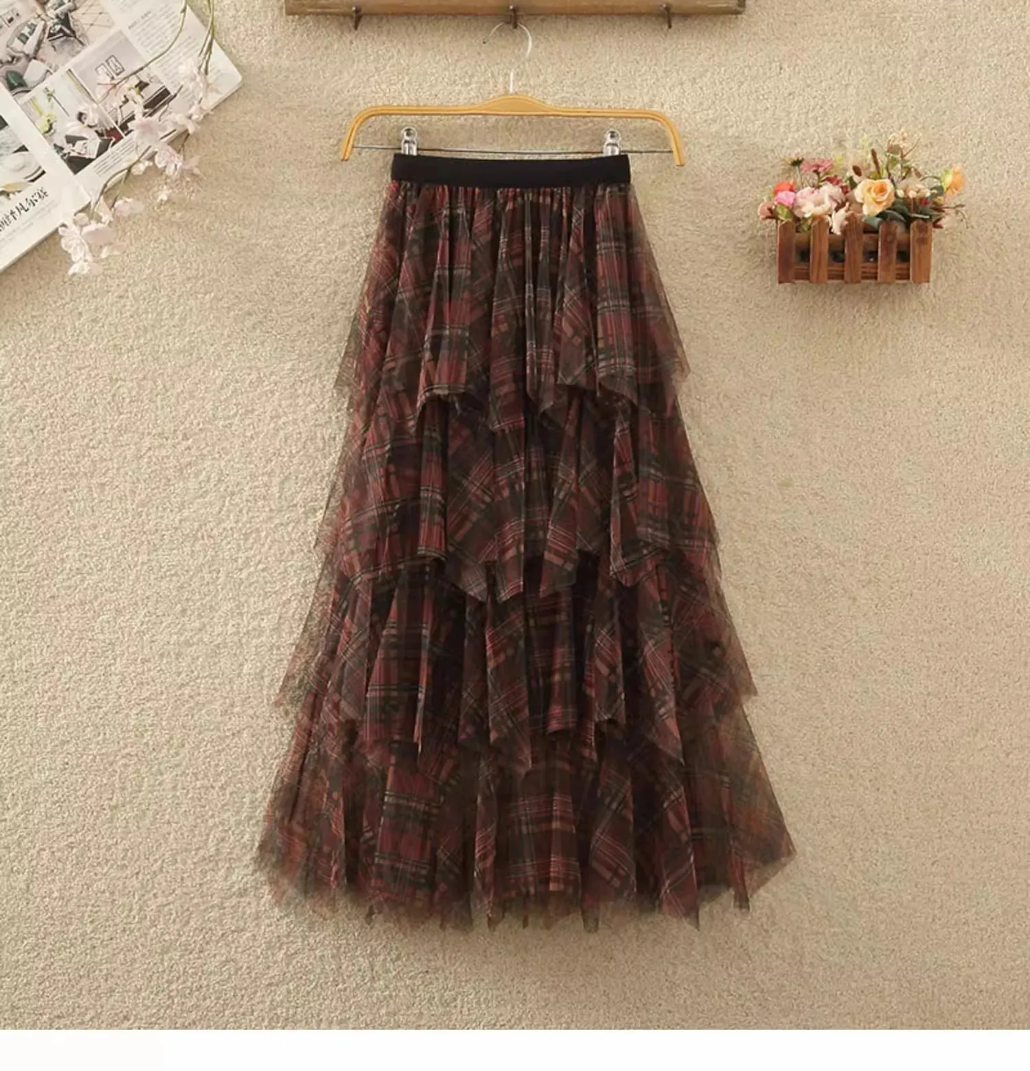 Pre Order: Vintage Plaid Long Tulle A-Line Skirt