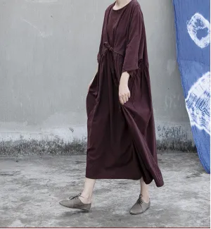 Purple Loose Linen Cotton O Neck Quarters Sleeves Women Dress