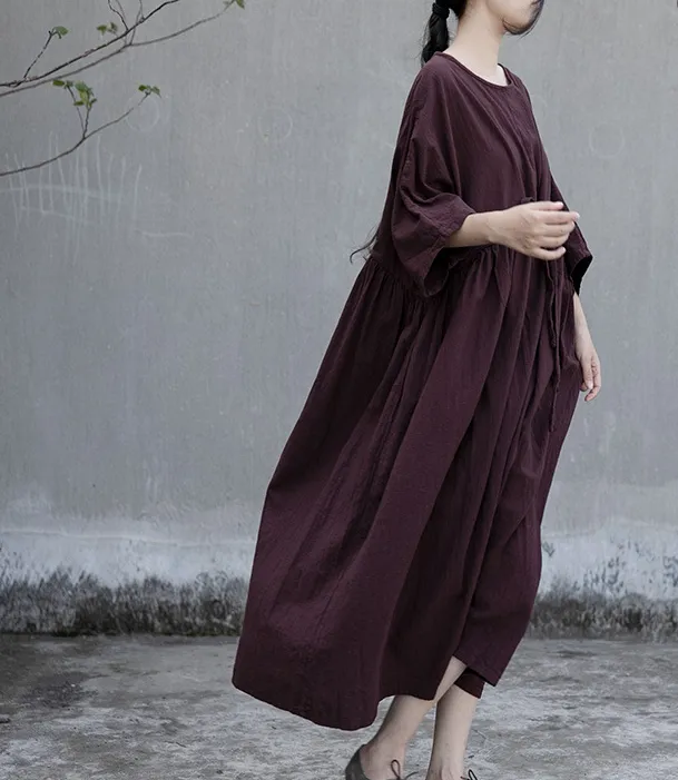 Purple Loose Linen Cotton O Neck Quarters Sleeves Women Dress