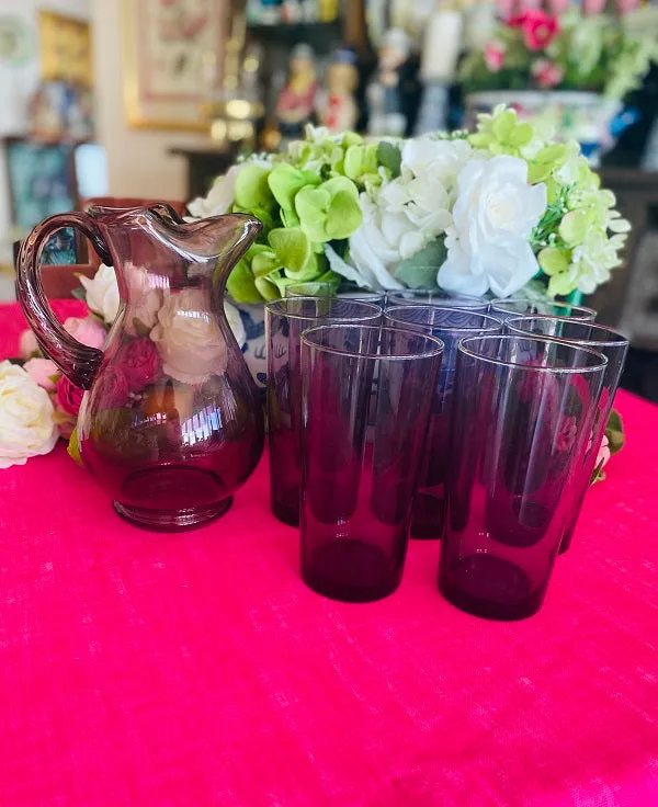 Purple Pitcher and Glass Set Vintage 9 Piece