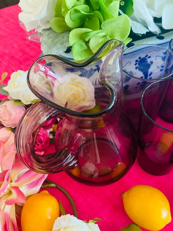 Purple Pitcher and Glass Set Vintage 9 Piece