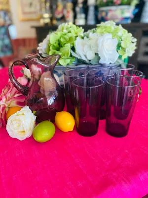 Purple Pitcher and Glass Set Vintage 9 Piece