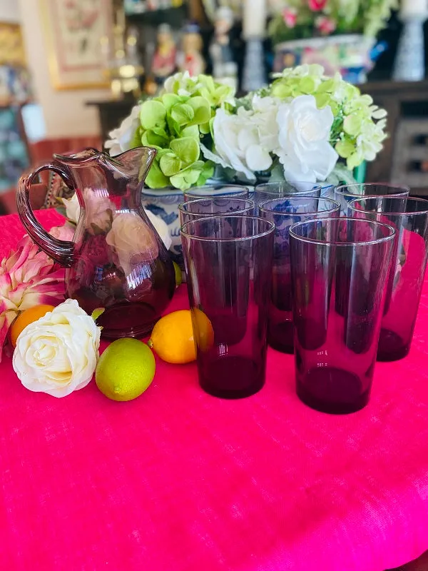 Purple Pitcher and Glass Set Vintage 9 Piece