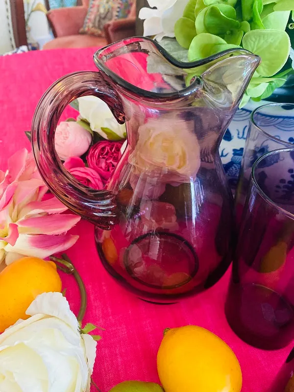 Purple Pitcher and Glass Set Vintage 9 Piece