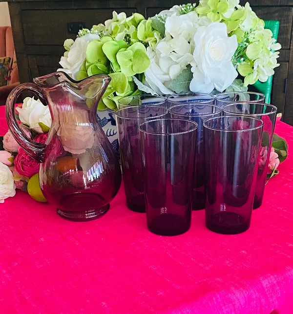 Purple Pitcher and Glass Set Vintage 9 Piece