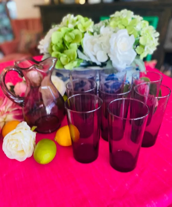 Purple Pitcher and Glass Set Vintage 9 Piece