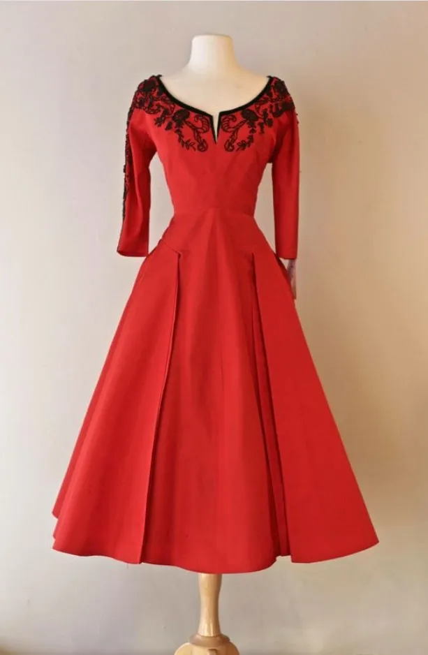 Red Vintage Tea length Formal Dresses with 3/4 sleeves,21120903