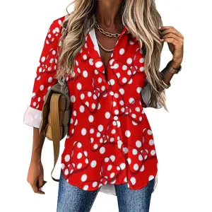 Red With White Polka Dot And Bows Long Sleeve Button Up Blouse