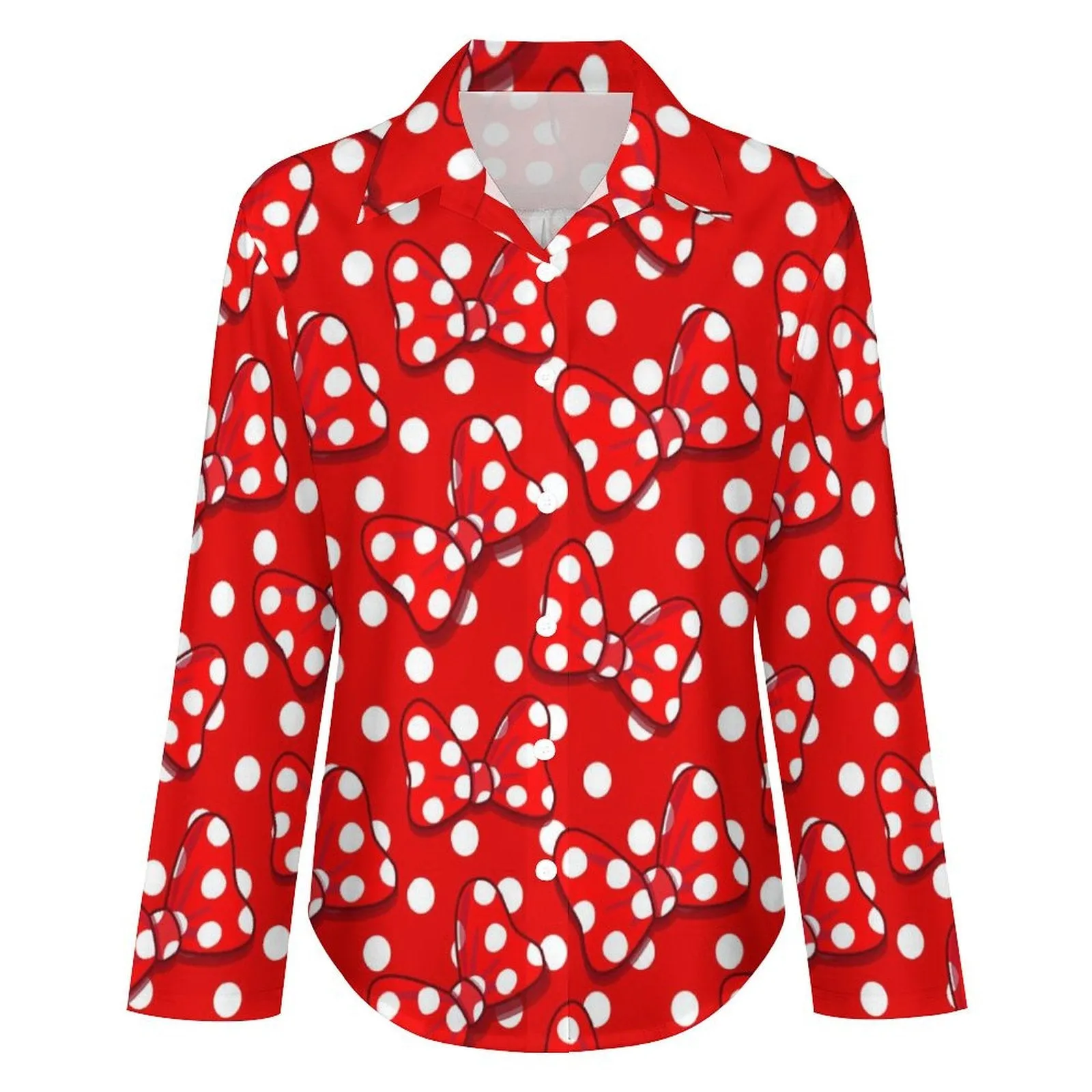 Red With White Polka Dot And Bows Long Sleeve Button Up Blouse