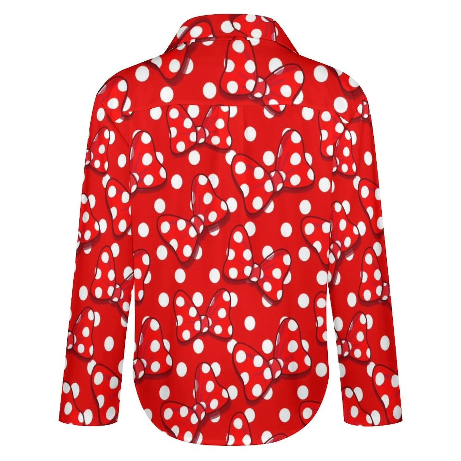 Red With White Polka Dot And Bows Long Sleeve Button Up Blouse