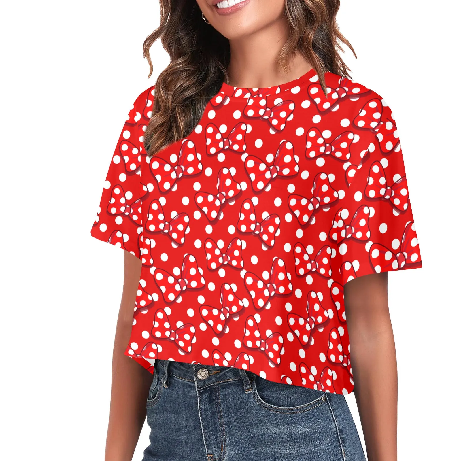 Red With White Polka Dot And Bows Women's Cropped T-shirt