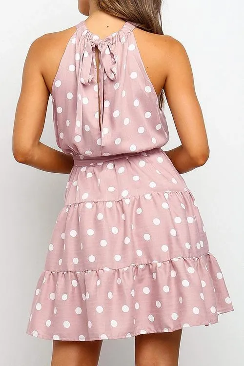 Ruffles Dot Print Halter Neck Mini Dress