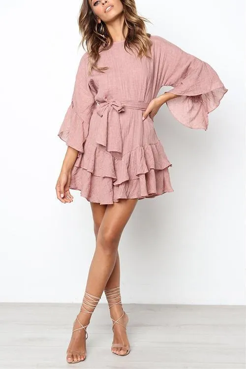 Ruffles Hem Flares Sleeve Mini Dress