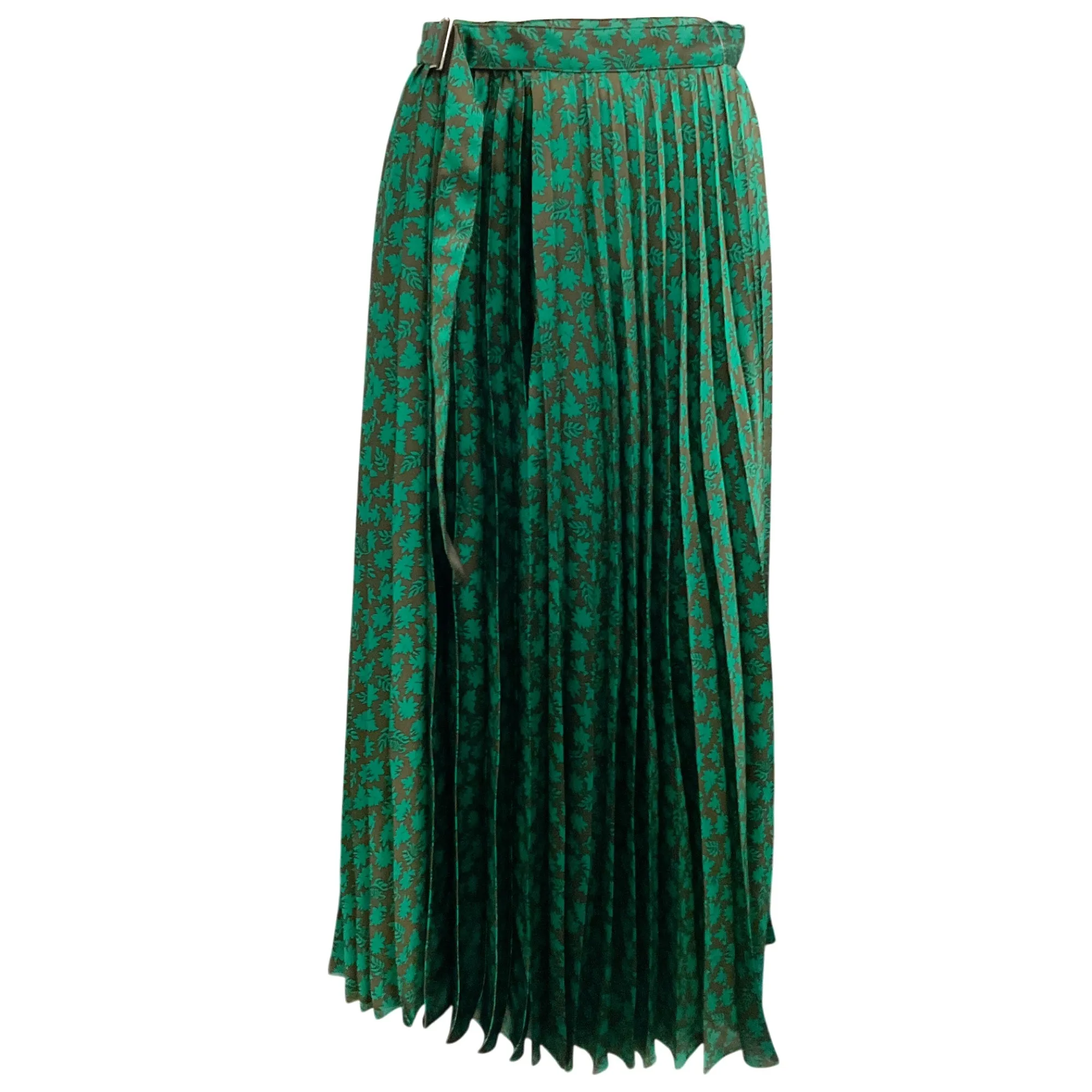 Sacai Brown / Green Floral Printed Pleated Wrap Midi Skirt