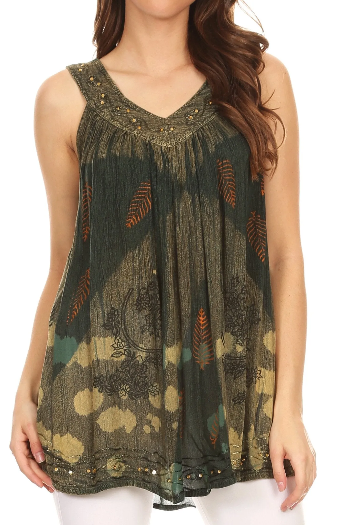 Sakkas Laura V Neck Sleeveless  soft crinkled Stonewash Top Blouse with Embroidery