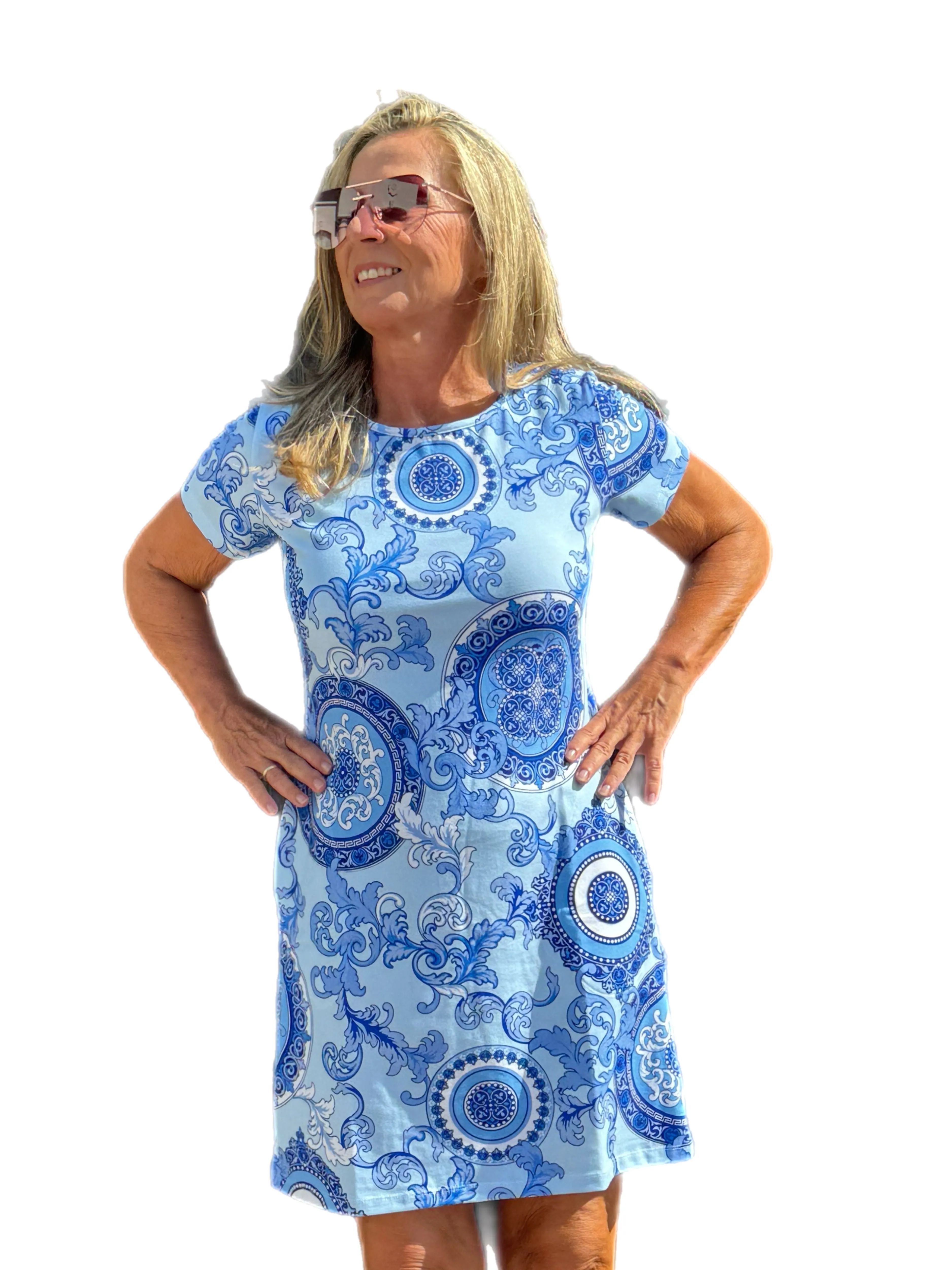 Short Sleeve Crew-Neck COTTON Dress with UPF50  Athena Blue Tonal