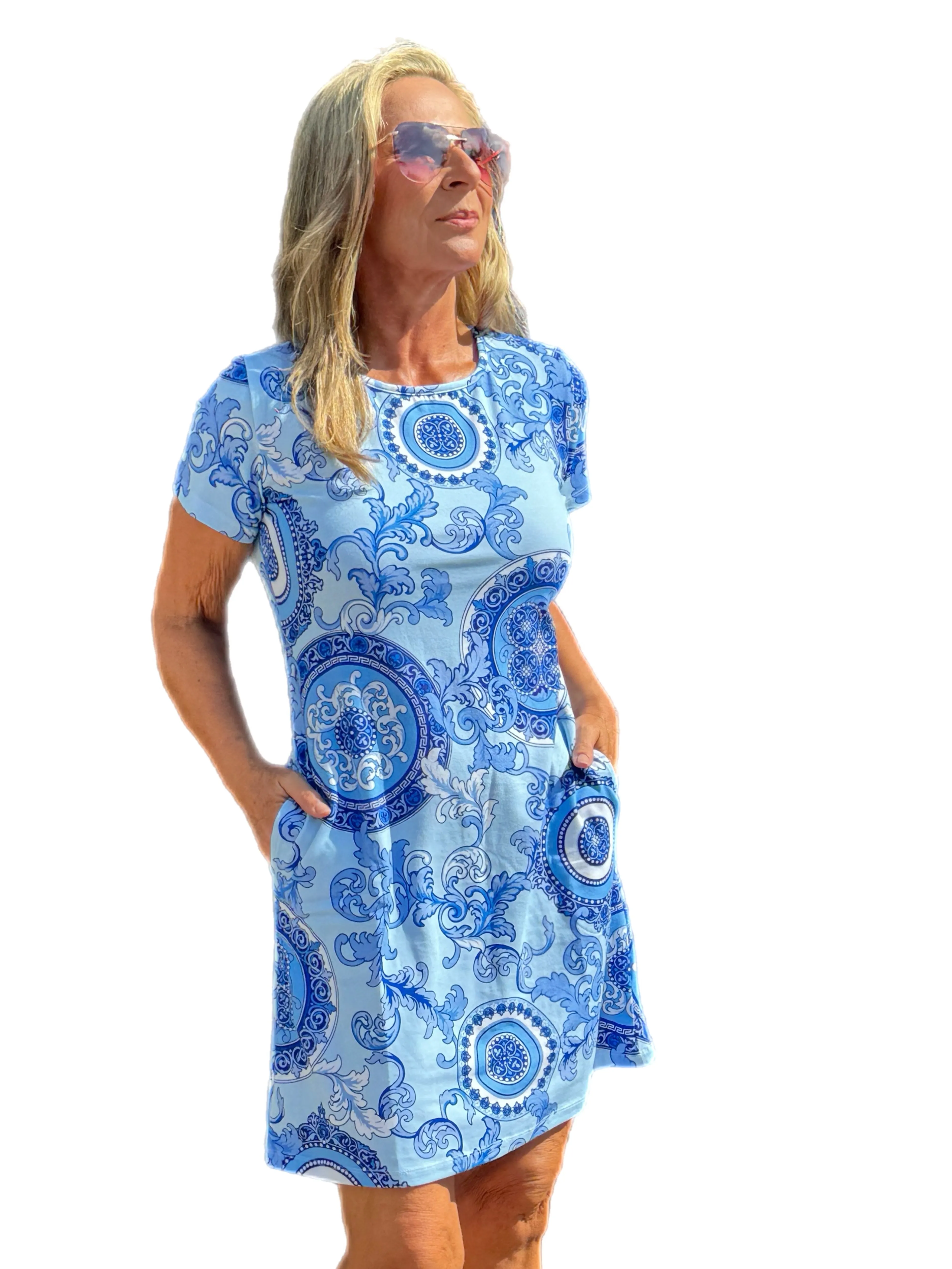 Short Sleeve Crew-Neck COTTON Dress with UPF50  Athena Blue Tonal