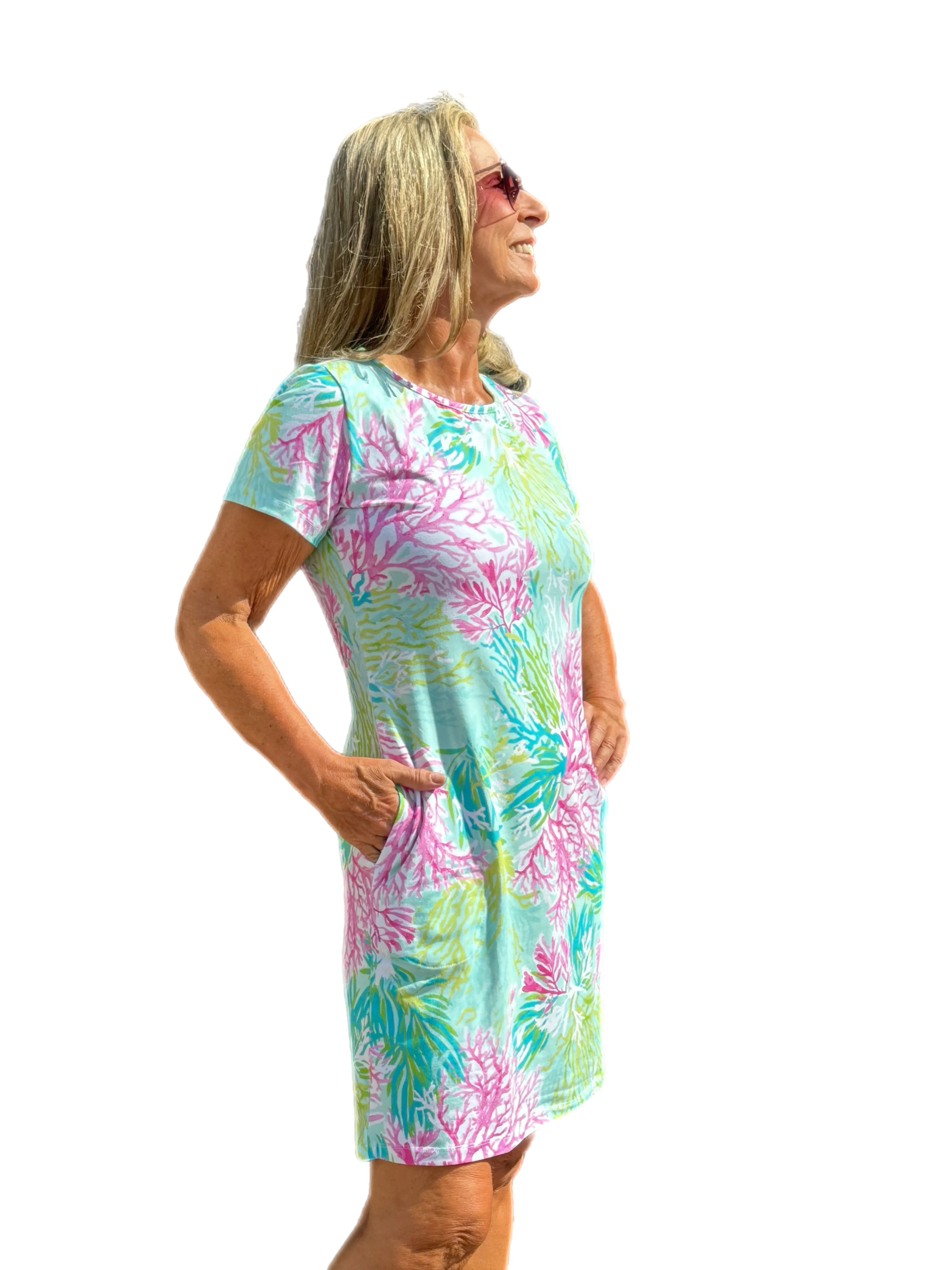 Short Sleeve Crew-Neck COTTON Dress with UPF50  Coral Garden Pink/Multi