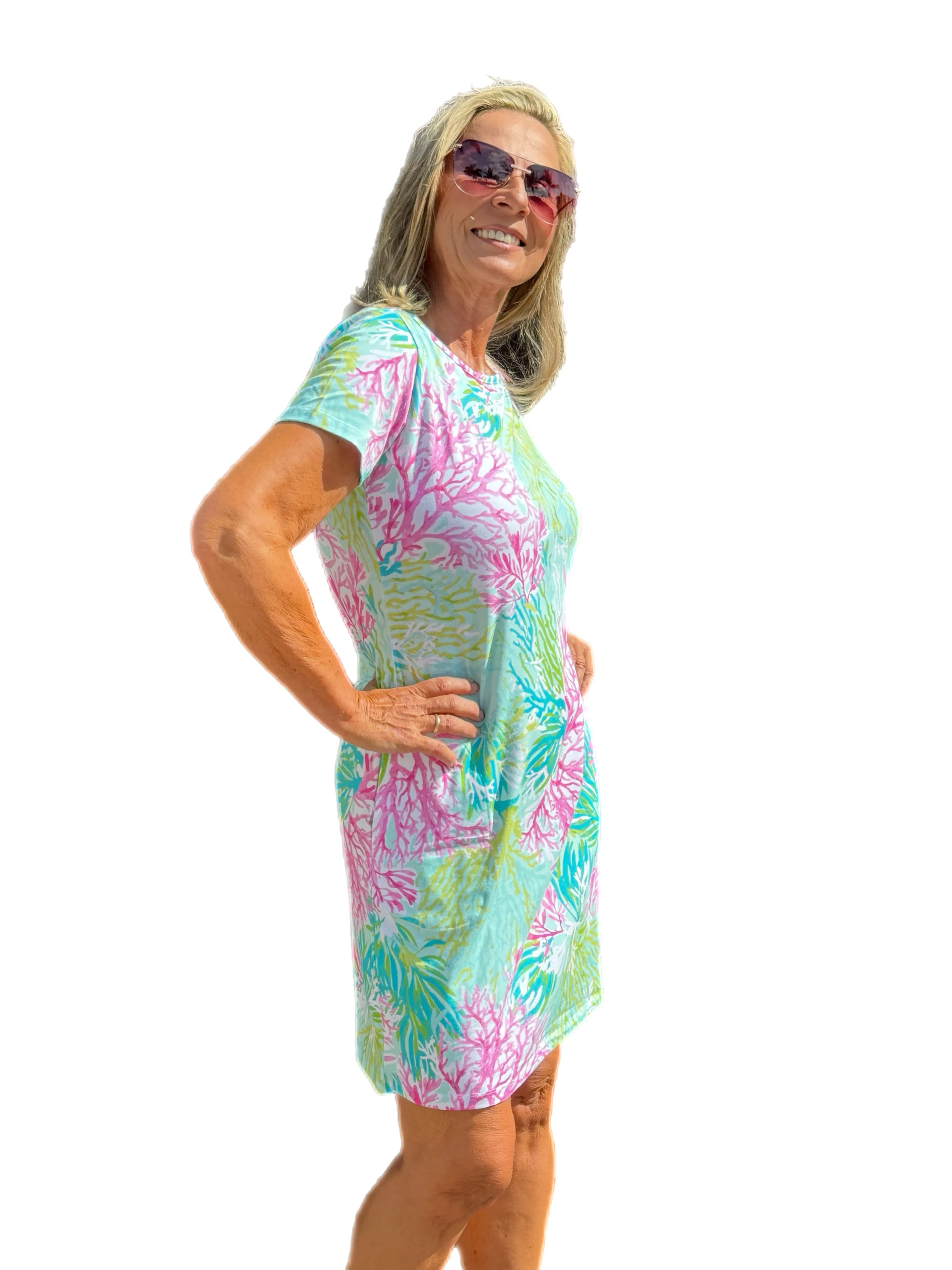 Short Sleeve Crew-Neck COTTON Dress with UPF50  Coral Garden Pink/Multi