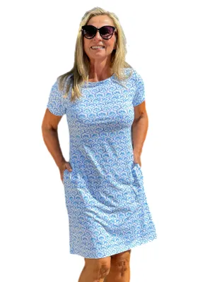 Short Sleeve Crew-Neck Dress with UPF50  Blue Sanibel Flowers