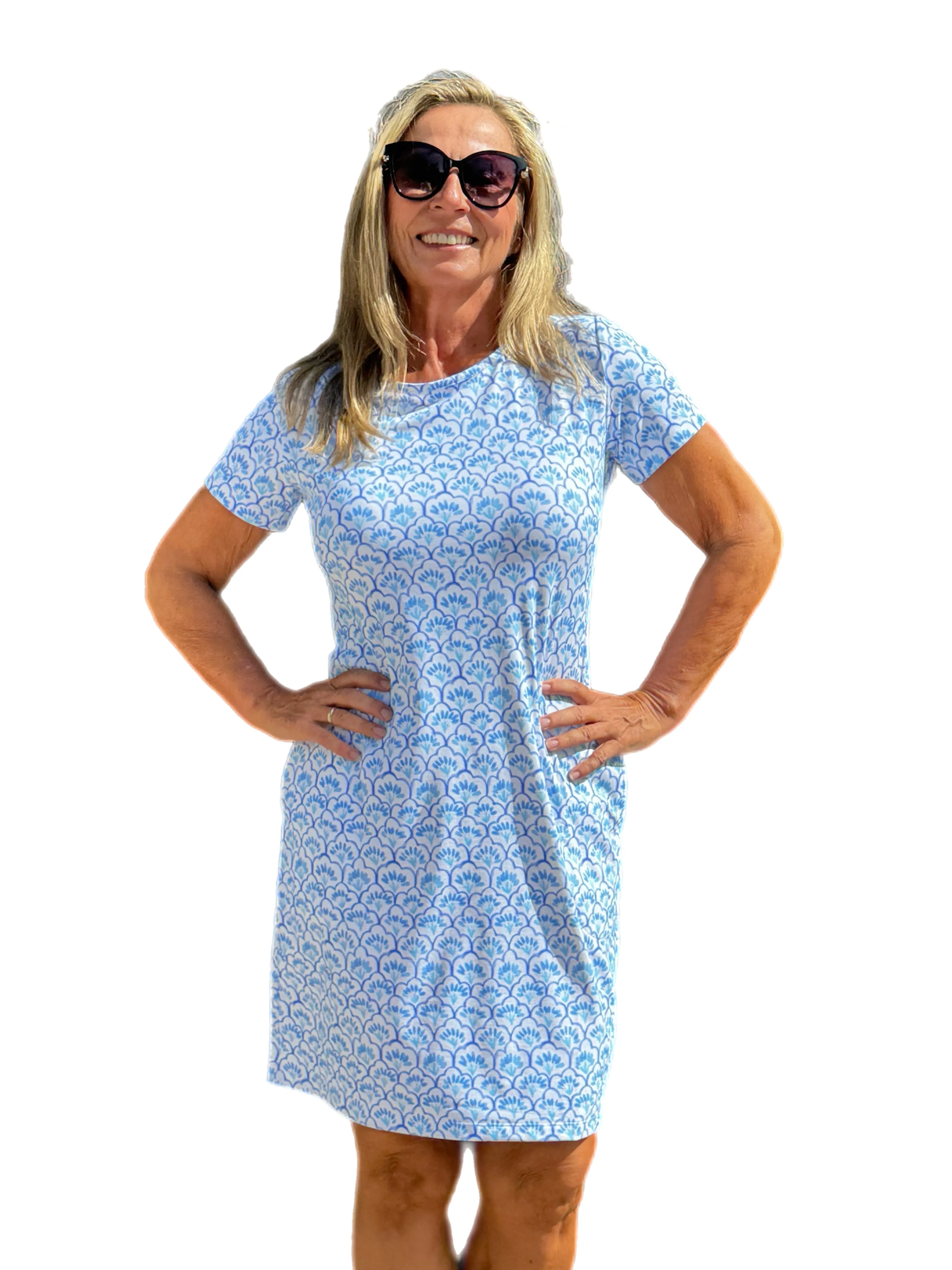 Short Sleeve Crew-Neck Dress with UPF50  Blue Sanibel Flowers