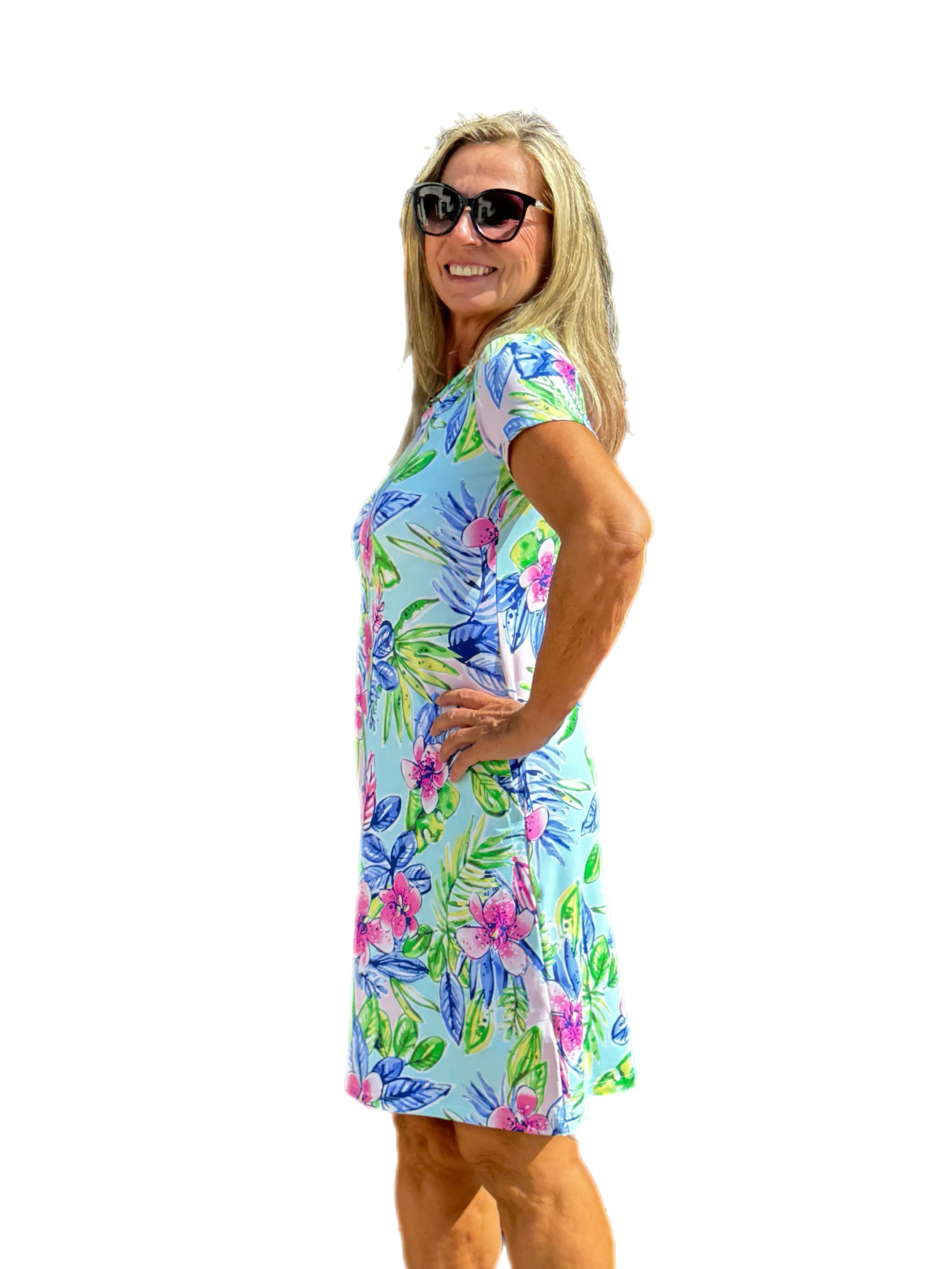 Short Sleeve Crew-Neck Dress with UPF50  Caribbean Flowers