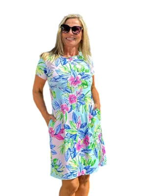 Short Sleeve Crew-Neck Dress with UPF50  Caribbean Flowers