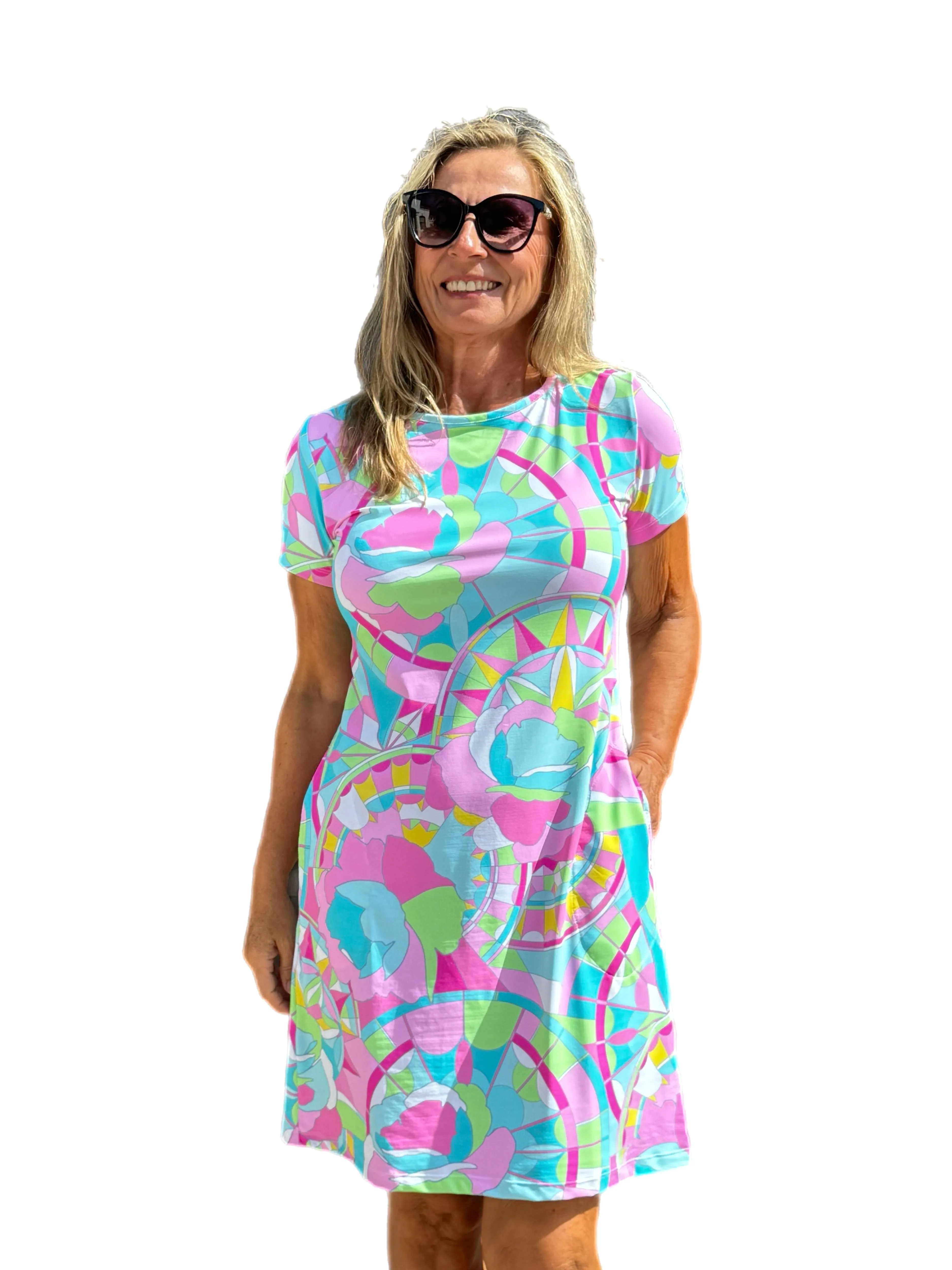 Short Sleeve Crew-Neck Dress with UPF50  Pink Graphics