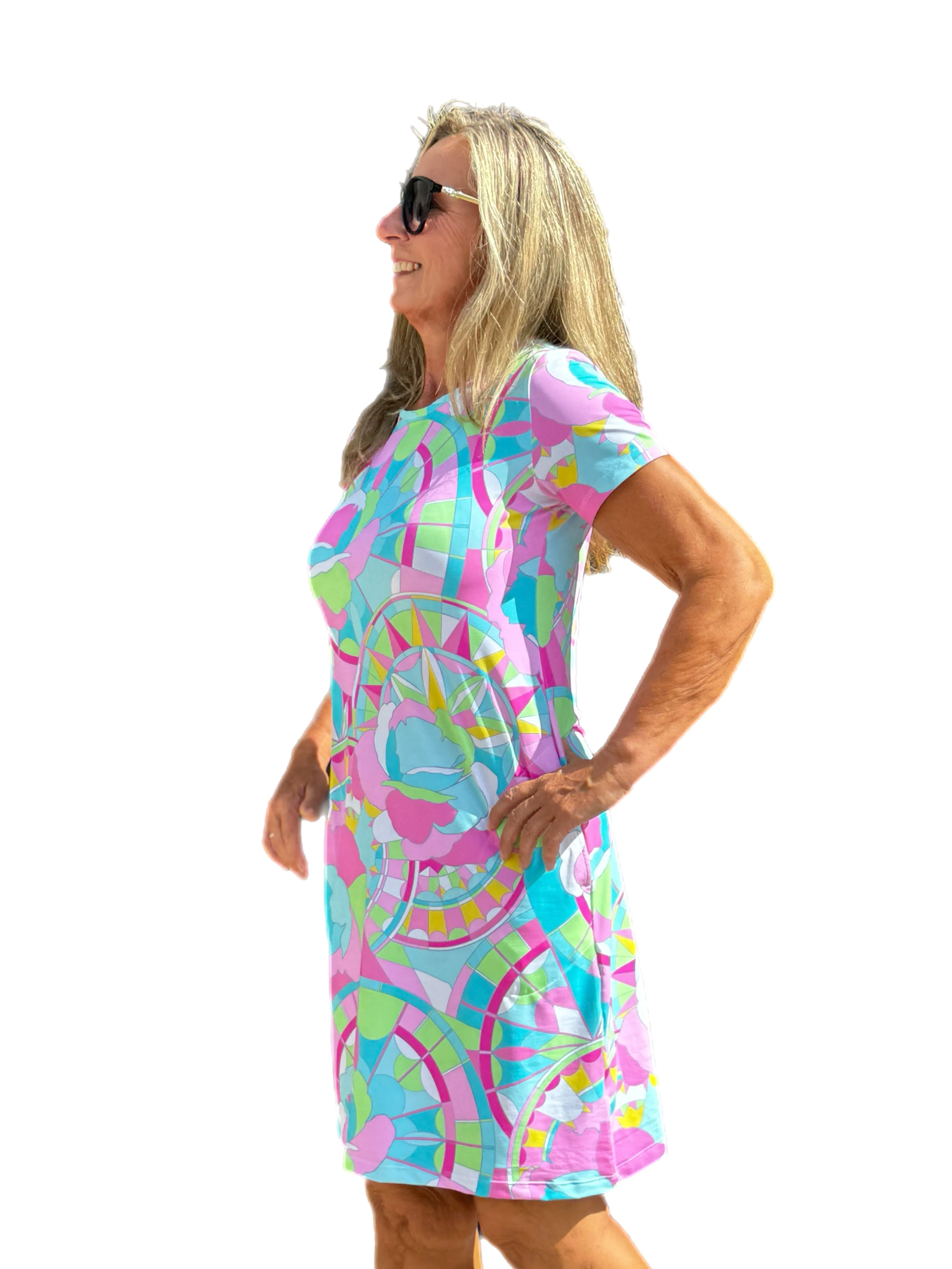 Short Sleeve Crew-Neck Dress with UPF50  Pink Graphics