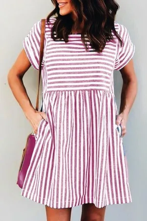 Stripe Short Sleeve Pocekts Mini Dress