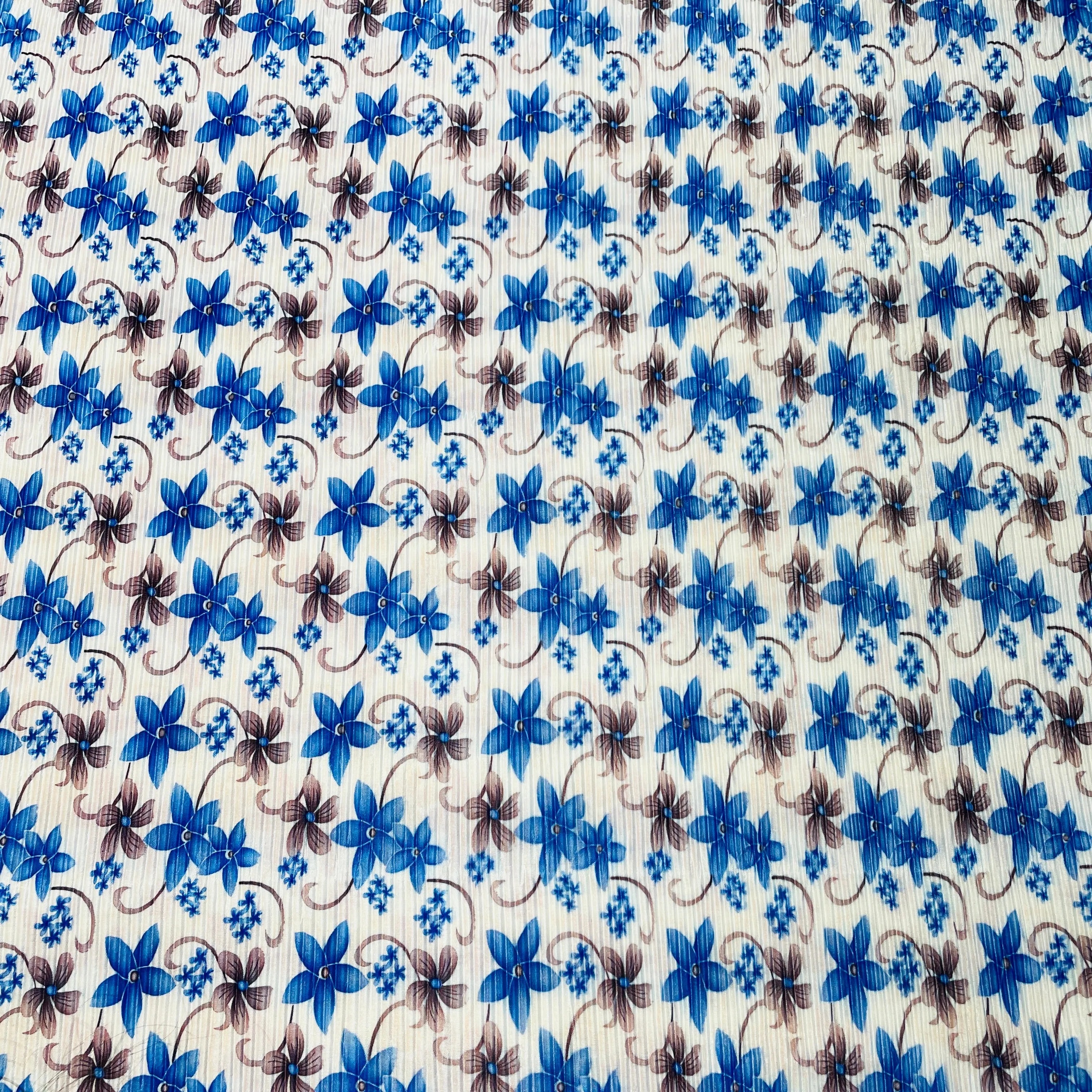 White With Blue Brown Floral Pleated Knitted Satin Fabric