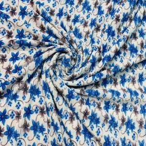 White With Blue Brown Floral Pleated Knitted Satin Fabric