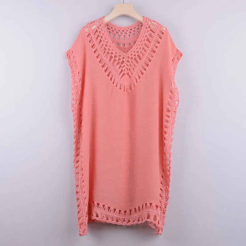 Women's Solid Color Embroidered Hollow Lace Fishnet Knit Coverups