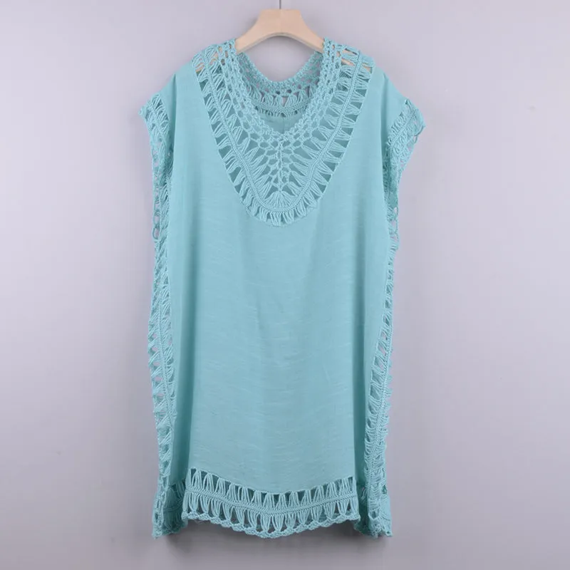 Women's Solid Color Embroidered Hollow Lace Fishnet Knit Coverups