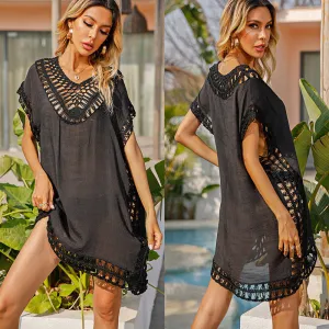 Women's Solid Color Embroidered Hollow Lace Fishnet Knit Coverups