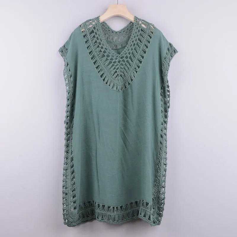 Women's Solid Color Embroidered Hollow Lace Fishnet Knit Coverups